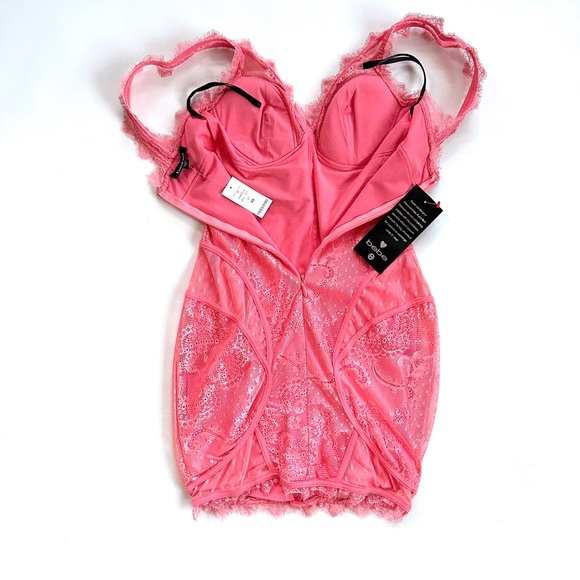 NWT BEBE Y2K CORAL PINK LACE OVERLAY DEEP V CORSET SEXY BODYCON MINI DRESS SzXS - Picture 8 of 12